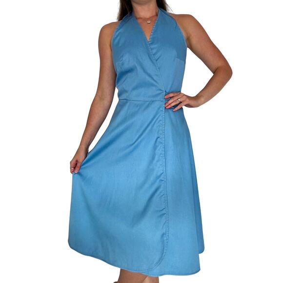 Vintage 1970s Wrap Dress Ellen Tracy Bonwit Teller Blue Cotton Fit & Flare - Picture 1 of 13